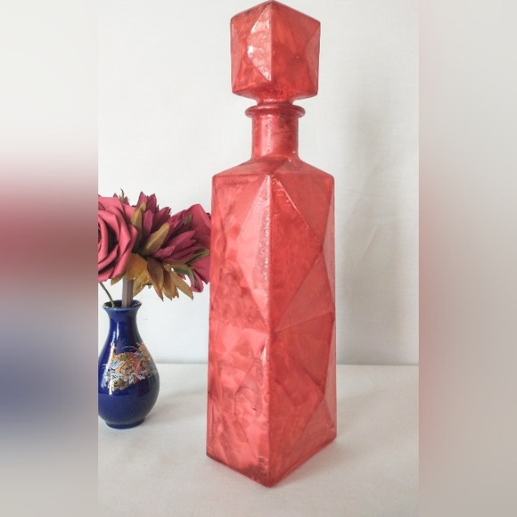 MCM Art Deco Glass Decanter w/ Square Stopper - Marbleized Red - Picture 7 of 9